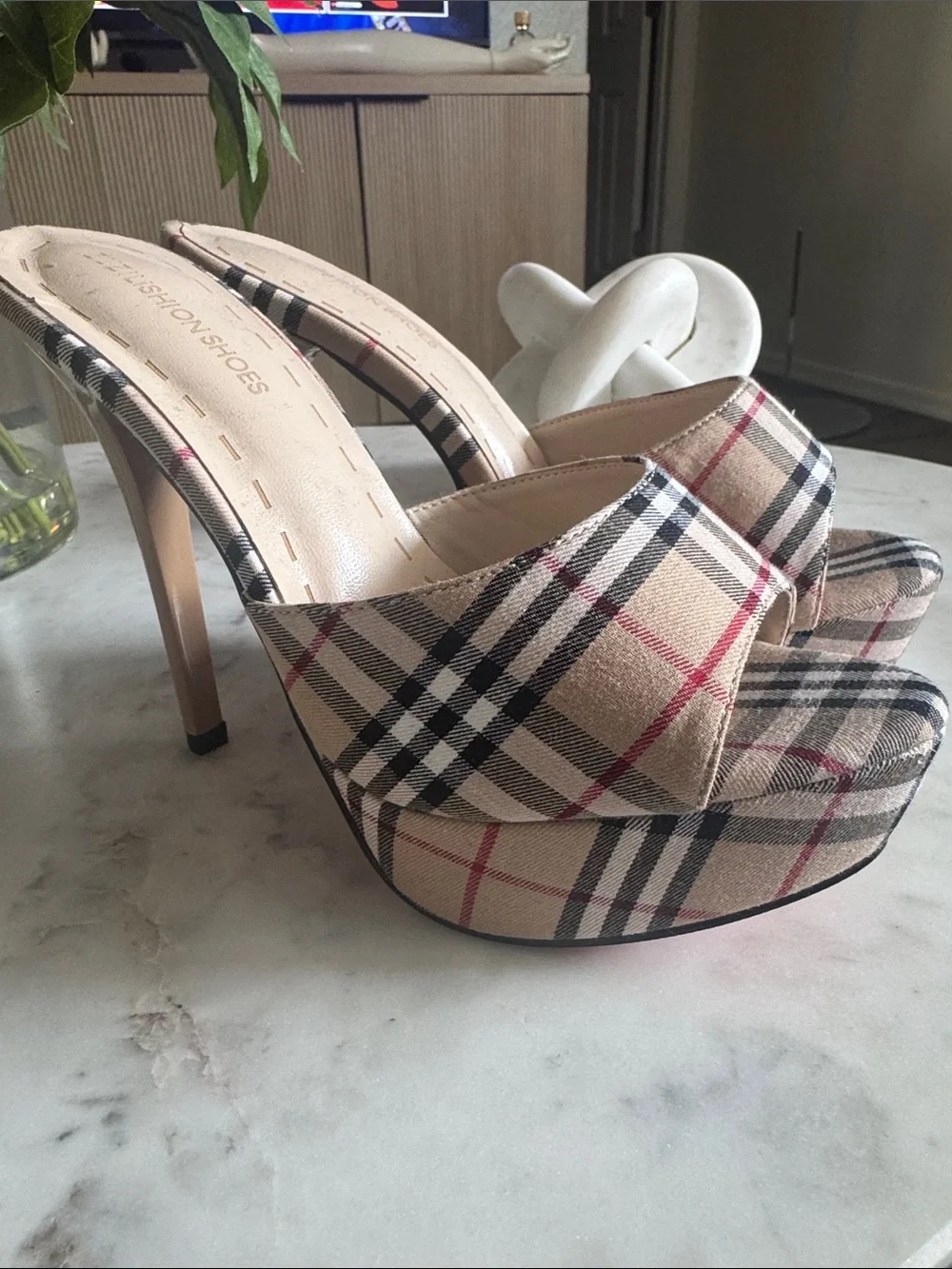 Plaid Platform Mule Heels - Beige